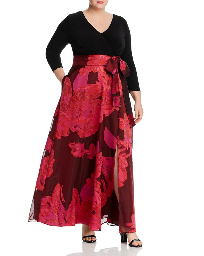 Adrianna Papell Plus Floral Organza Combo Gown In Red Multi