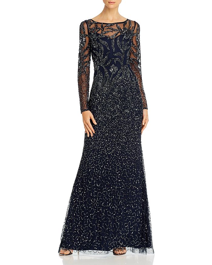 Adrianna Papell Embellished Long-sleeve Gown In Midnight