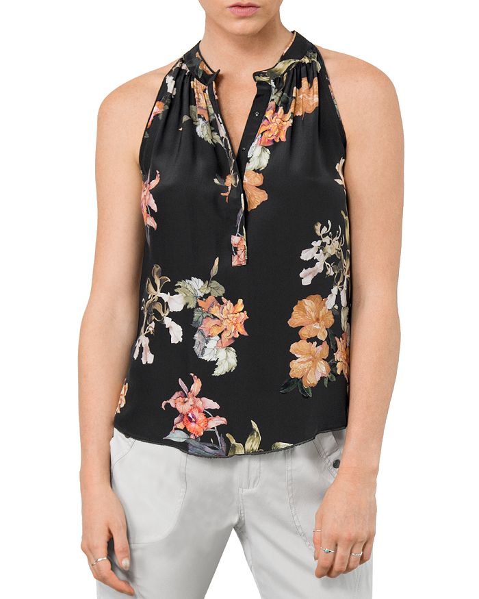 Go By Go Silk Sleeveless Snap-front Top In Black Autumn Floral Print