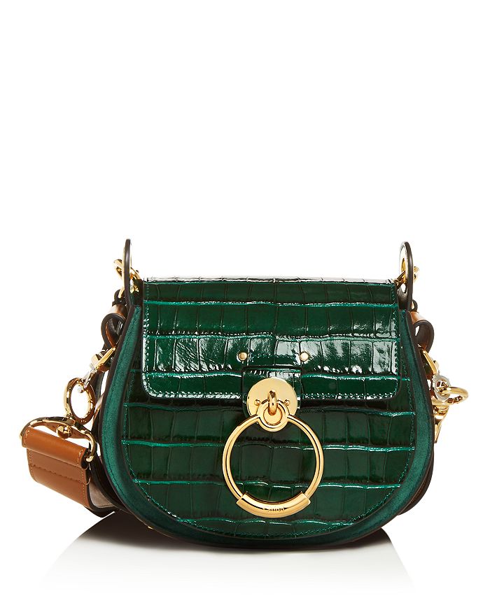 Chloé Tess Small Croc Embossed Leather Crossbody In Woodsy Green/gold