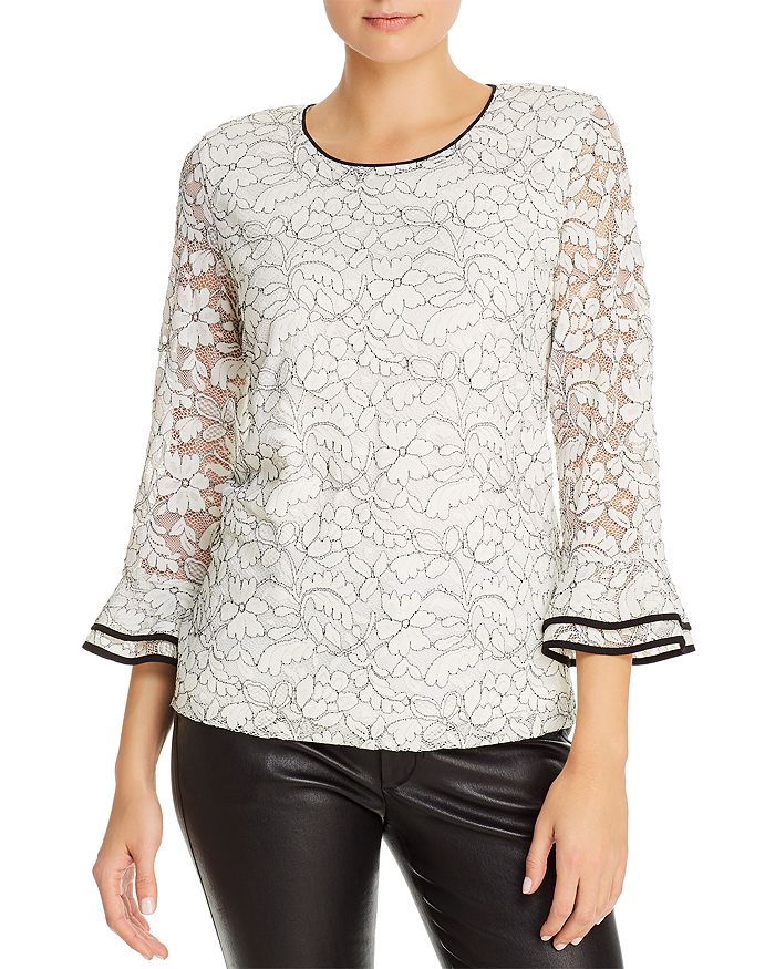 Karl Lagerfeld Floral Lace Flared-cuff Top In White/black | ModeSens