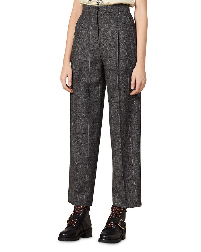 Sandro Daniel Checked & Pleated Pants In Gray