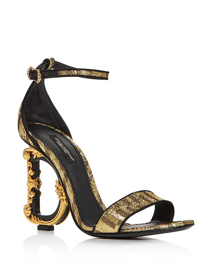 Dolce & Gabbana Sculpted-heel Jacquard Sandals In Gold/black