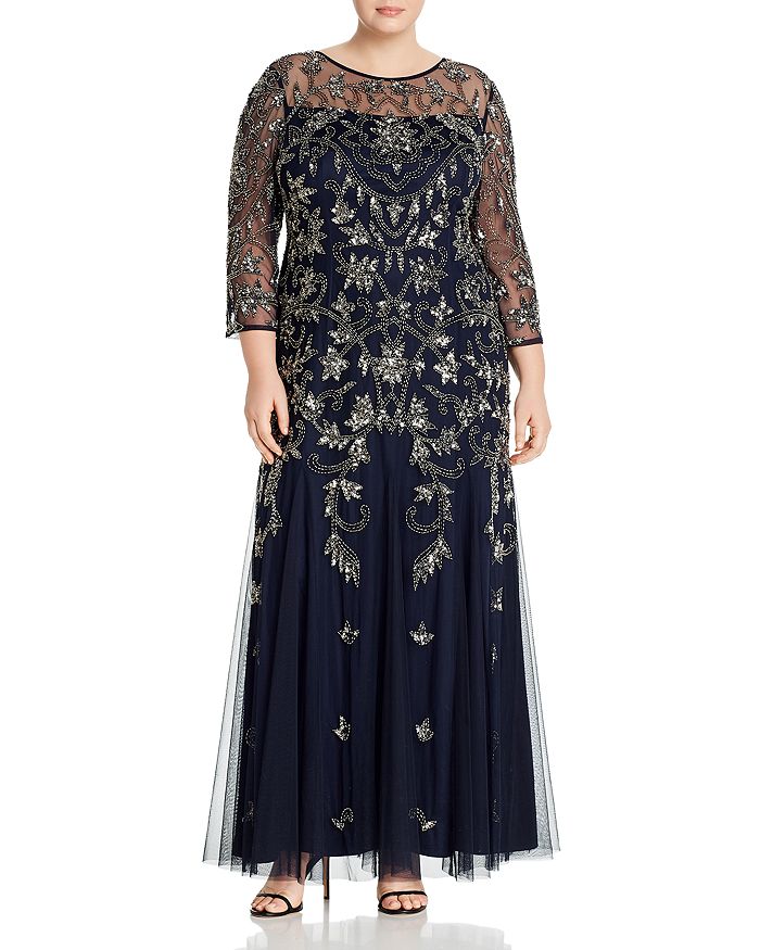 Adrianna Papell Plus Embellished Illusion Gown In Midnight