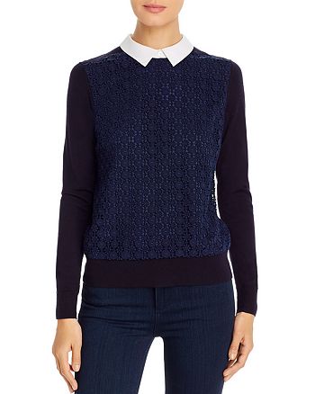 Tory Burch Lace-Front Layered-Look Sweater | Bloomingdale's