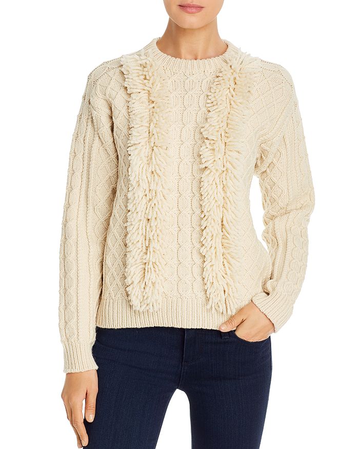 Tory Burch Ivory Fringed Cable-knit Wool Jumper In White | ModeSens