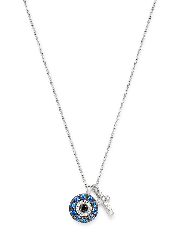 Bloomingdale's - Diamond & Sapphire Evil Eye & Cross Charm Necklace in 14K White Gold, 17" - 100% Exclusive