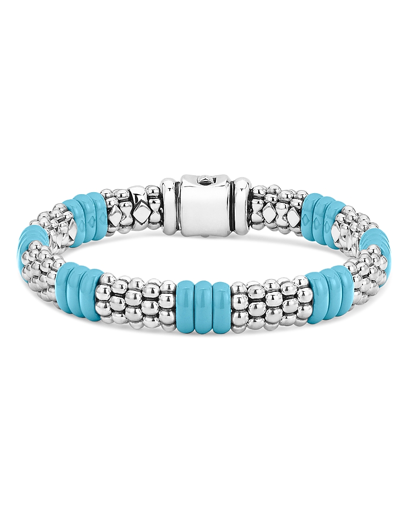 Lagos Sterling Silver Caviar Blue Ceramic Signature Bracelet In Blue/silver