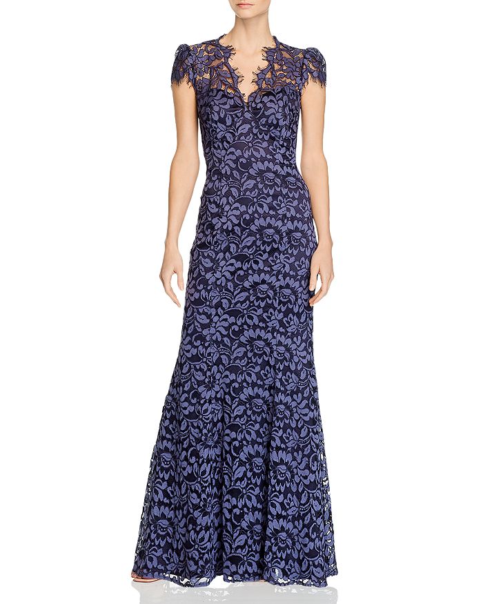Eliza J Embroidered Lace Trumpet Gown In Navy | ModeSens