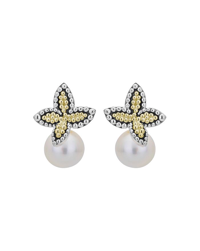 Shop Lagos Cultured Freshwater Pearl Luna Floral Earrings In 18k Gold & Sterling Silver In White/multi