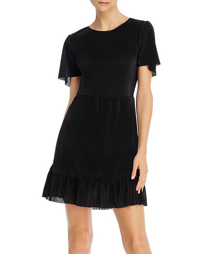 Aqua Pleated Ruffled Flutter-sleeve Dress - 100% Exclusive In Black