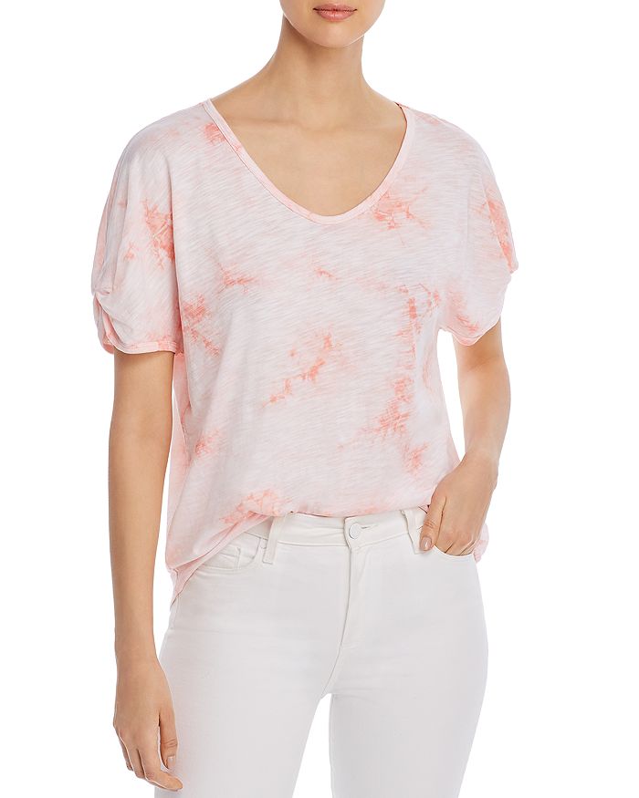 Cupio Printed Ruched-sleeve T-shirt In Orange/white