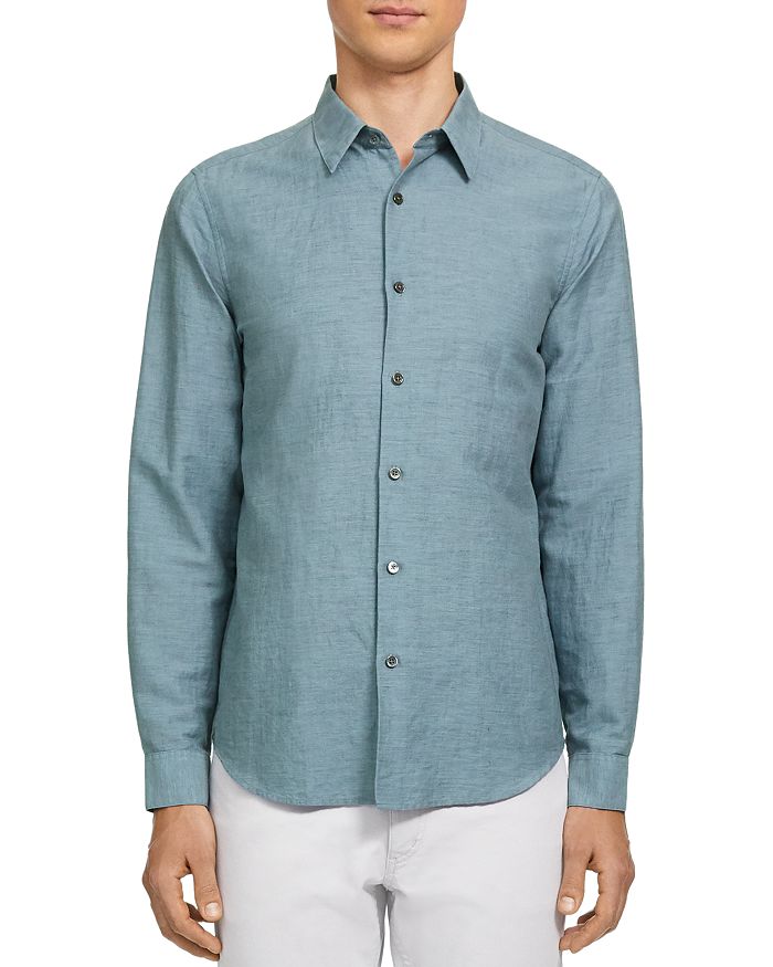 Theory Irving Essential Linen Twill Button-down Shirt In Poseidon