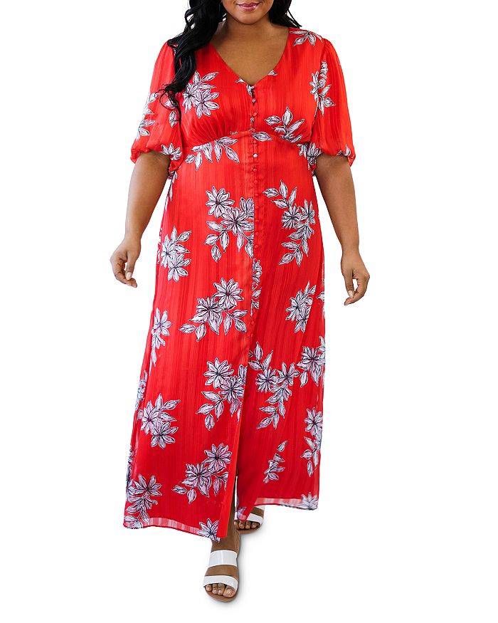 Maree Pour Toi Plus Floral & Stripes Button-front Maxi Dress In Red