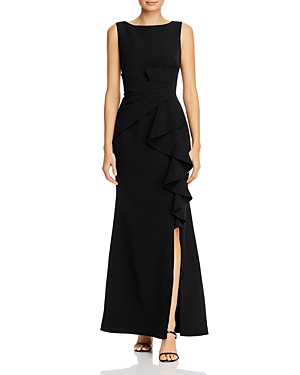 Shop Eliza J Sleeveless Cascading-ruffle Gown In Black