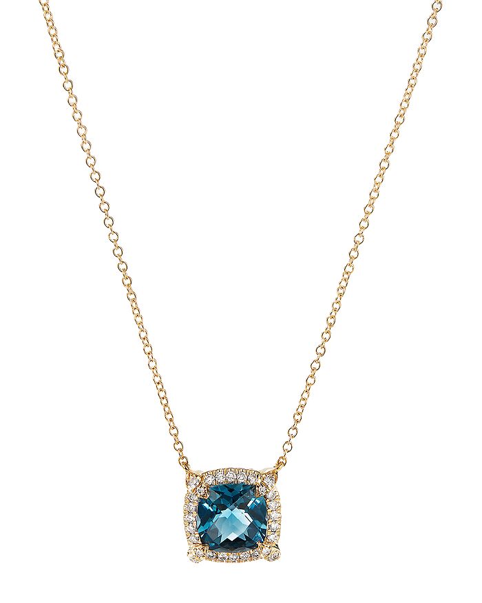 David Yurman Petite Chatelaine Pave Bezel Pendant Necklace In 18k Yellow Gold With Hampton Blue Topaz, 18 In Blue/gold