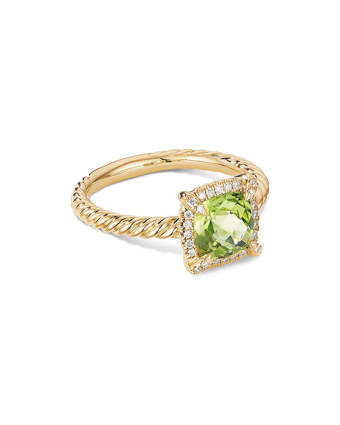 David Yurman Petite Chatelaine Pave Bezel Ring In 18k Gold With Peridot In Green/gold