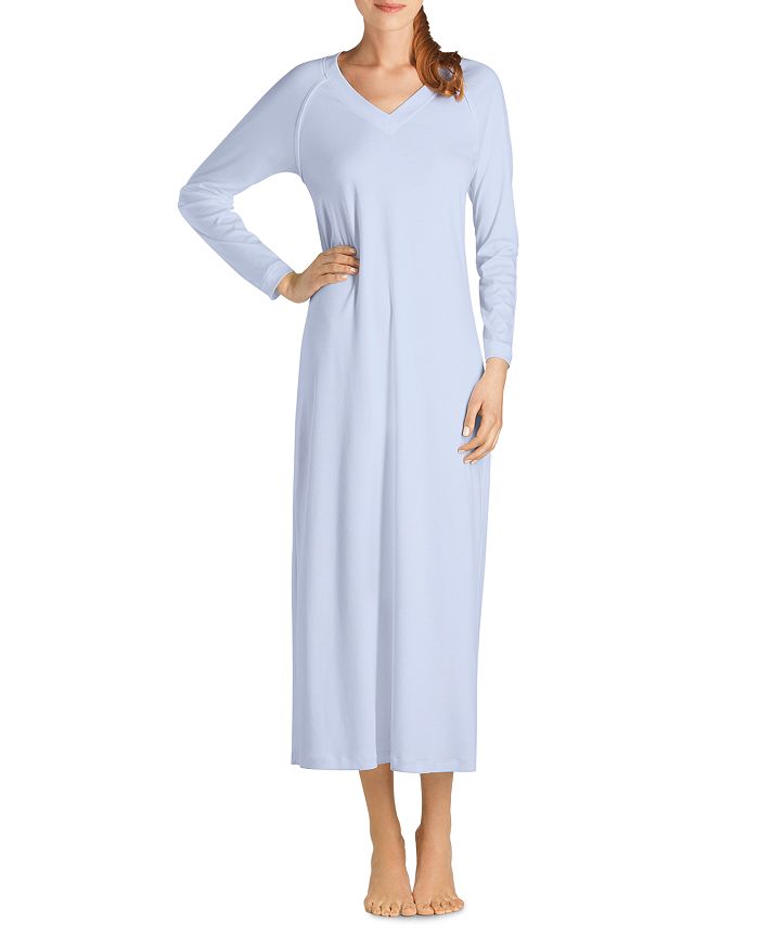 Shop Hanro Pure Essence Long Sleeve Gown In Blue Glow
