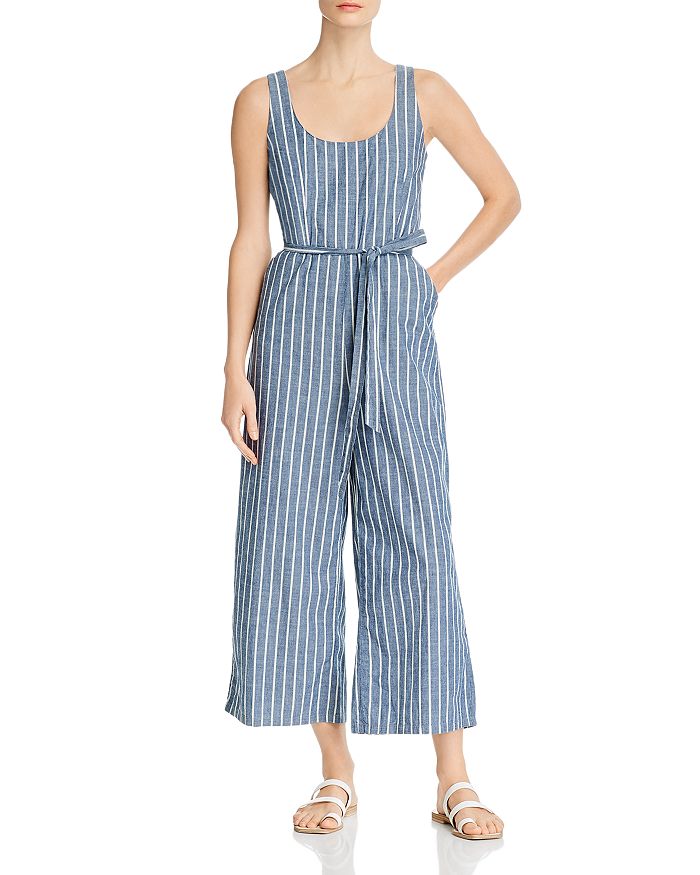 Shop Vero Moda Striped Chambray Jumpsuit In Blue Denim/white Stripe