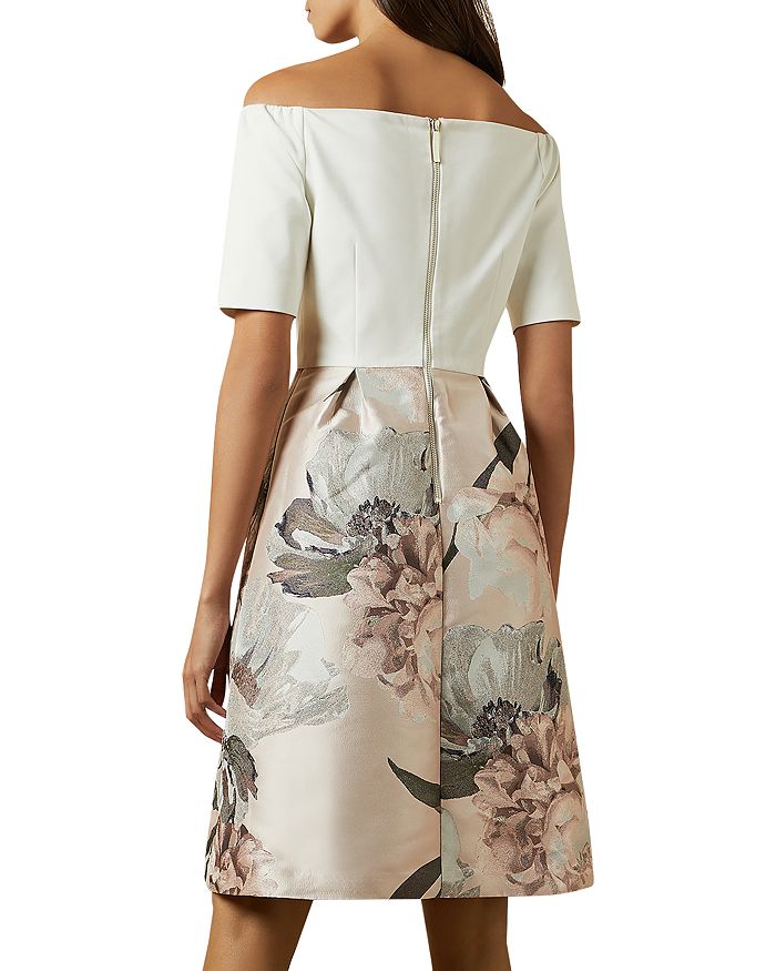 TED BAKER CATHIEY WOODLAND OFF-THE-SHOULDER JACQUARD DRESS