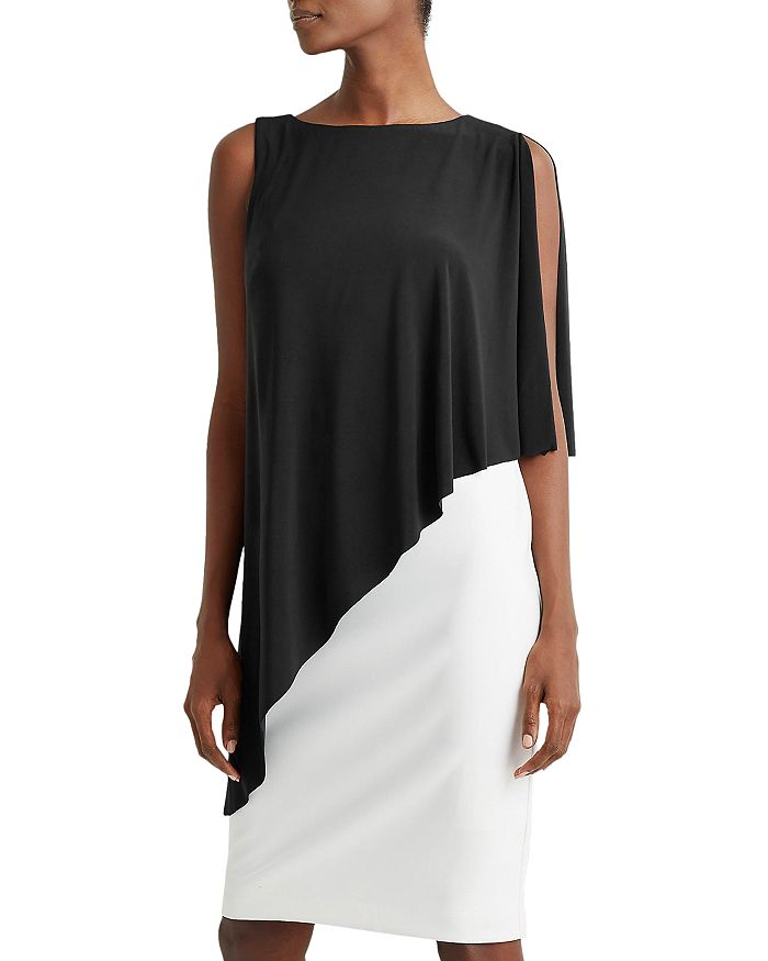 Ralph Lauren Lauren  Sleeveless Asymmetric-cape Dress In Black/white