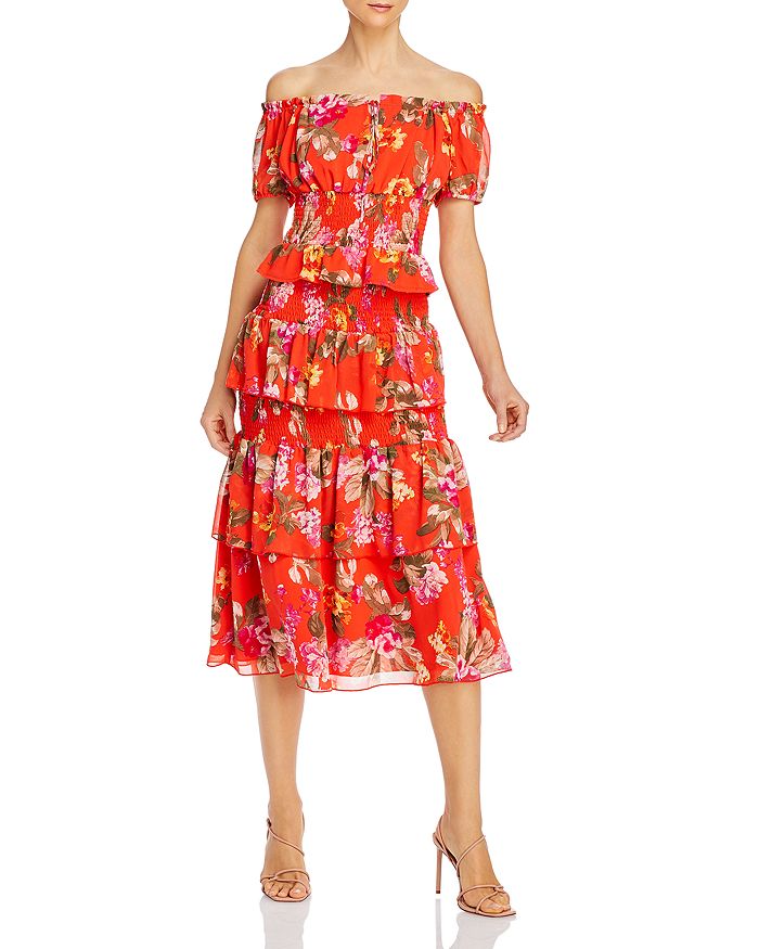 WAYF Leslie Off-the-Shoulder Floral Top & Byron Tiered Midi Skirt ...