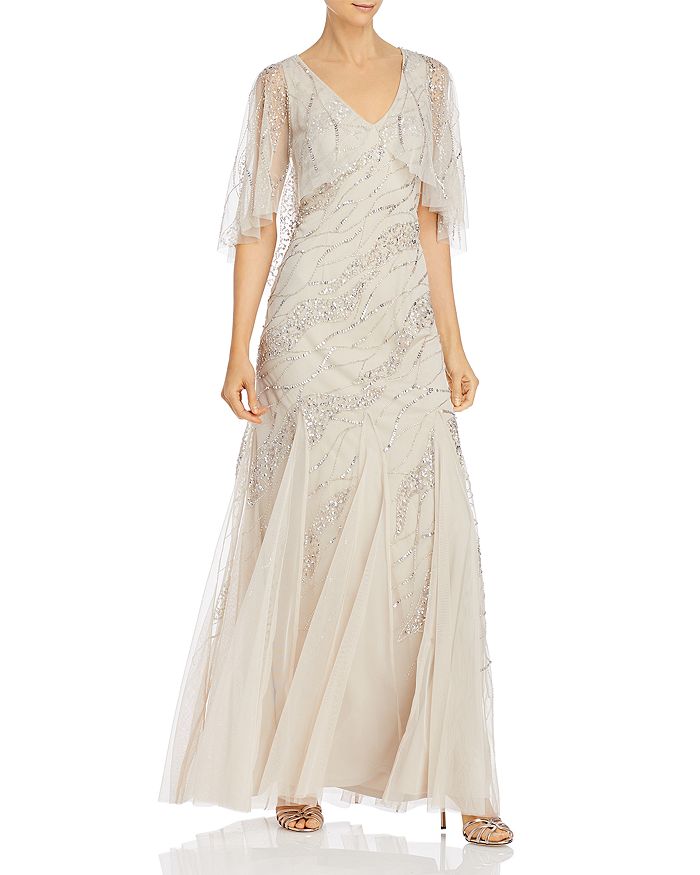 Adrianna Papell Beaded Mesh-cape Gown In Biscotti