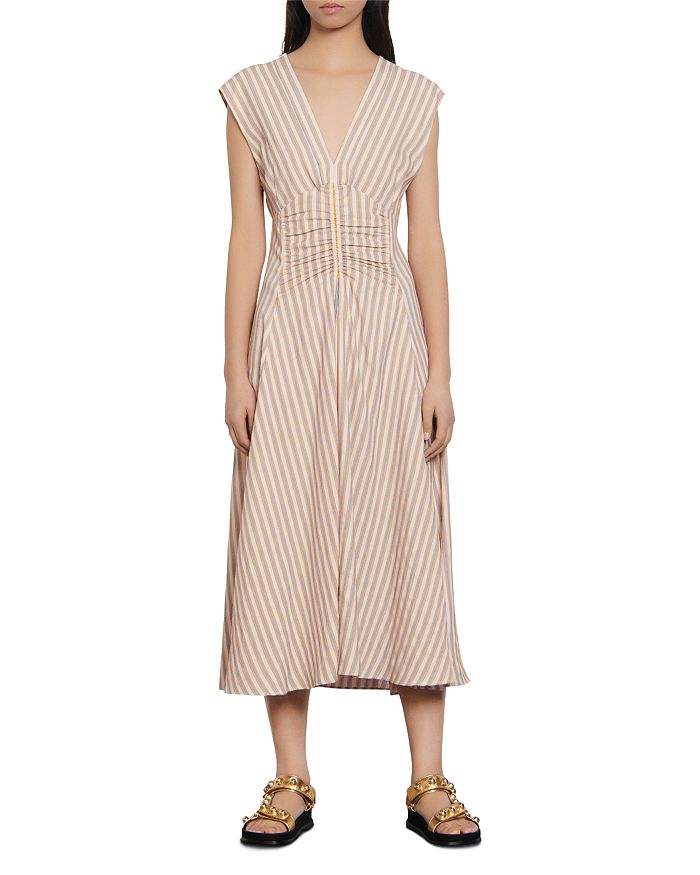 Sandro Anym Ruched Embroidered Striped Twill Midi Dress In Pink/yellow