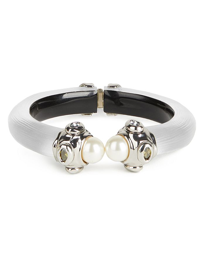 Alexis Bittar Future Antiquity Multi-crystal & Imitation Pearl Capped Lucite Cuff Bracelet In Silver