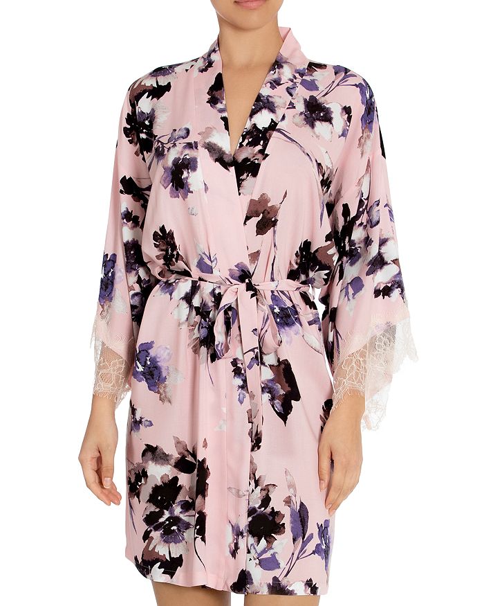 Midnight Bakery Lace Trim Floral Print Wrap Robe In Pink ModeSens