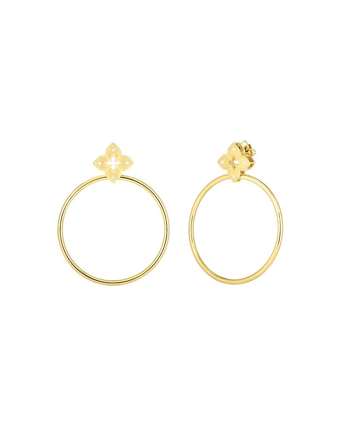 Shop Roberto Coin 18k Yellow Gold Venetian Princess Diamond Flower Drop Hoop Earrings In White/gold