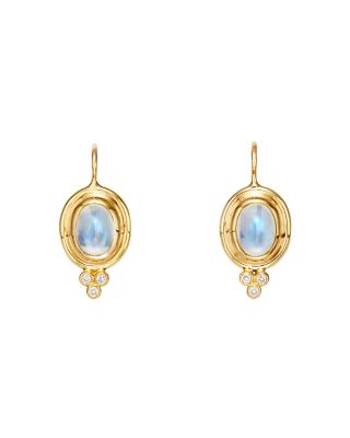 18K Yellow Gold Small Classic Oval Earrings with Blue Moonstone & Diamonds