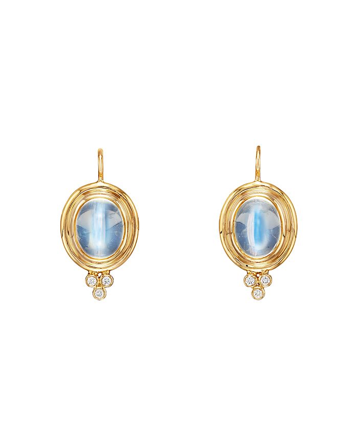 Shop Temple St Clair 18k Yellow Gold Medium Classic Oval Earrings With Blue Moonstone & Diamonds In Blue/gold