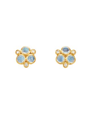 Classic Trio Earrings with Royal Blue Moonstone and Diamonds in 18K Yellow Gold