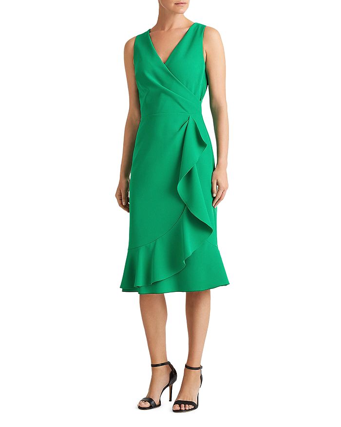 Ralph Lauren Lauren  Ruffle Trim Crepe Dress In Green