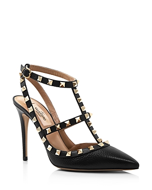 Shop Valentino Women's Rockstud Cage Leather Pumps With Studs In Black Leather/gold