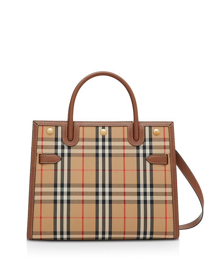 BURBERRY Mini leather-trimmed checked coated-canvas tote