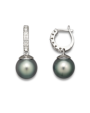 Diamond Hoop Earrings with Tahitian Pearls, 9mm