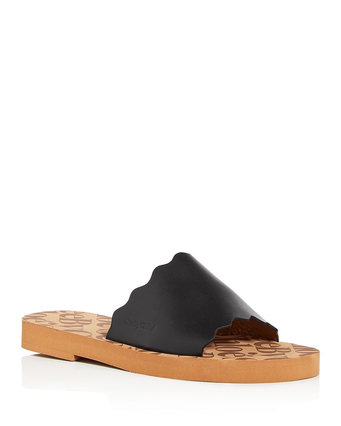 Chanel scallop black tan leather mules slides shoe
