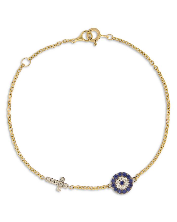 Bloomingdale's Blue Sapphire & Diamond Evil Eye & Cross Link Bracelet In 14k Yellow Gold - 100% Exclusive