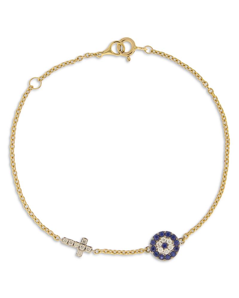 Bloomingdale's Blue Sapphire & Diamond Evil Eye & Cross Link Bracelet In 14k Yellow Gold - Exclusive In Yellow Gold