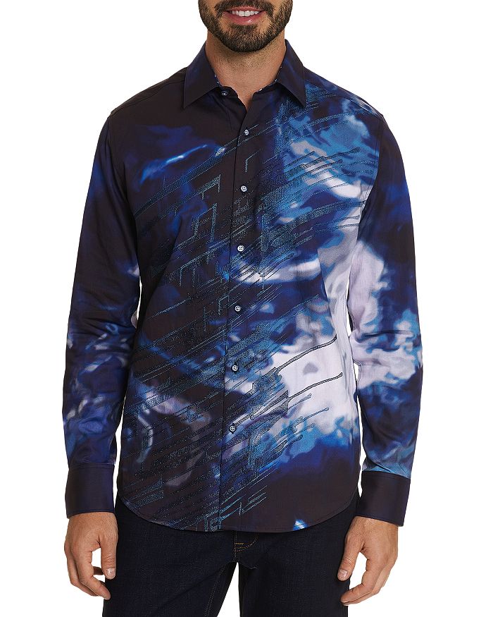 ROBERT GRAHAM PERFECT STORM COTTON EMBROIDERED ABSTRACT PRINT CLASSIC FIT BUTTON DOWN SHIRT,RF201110CF