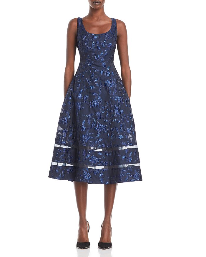 Adrianna Papell Floral Jacquard Midi Cocktail Dress In Midnight