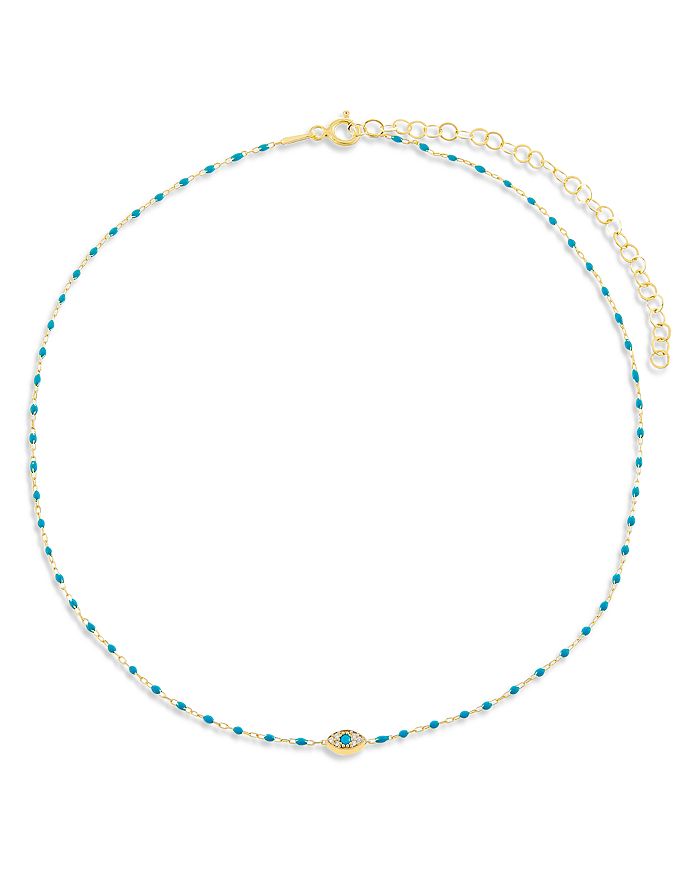 Adinas Jewels Adina's Jewels Pave Evil Eye Green Beaded Choker Necklace, 13.5-16.5 In Turquoise