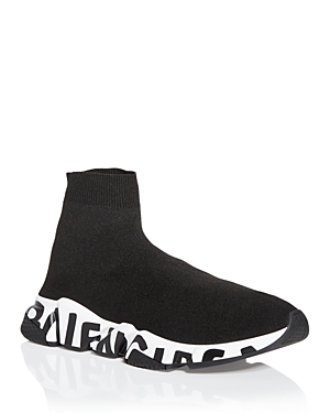 Balenciaga Men's Speed Graffiti Knit High Top Sneakers In Noir/ecru