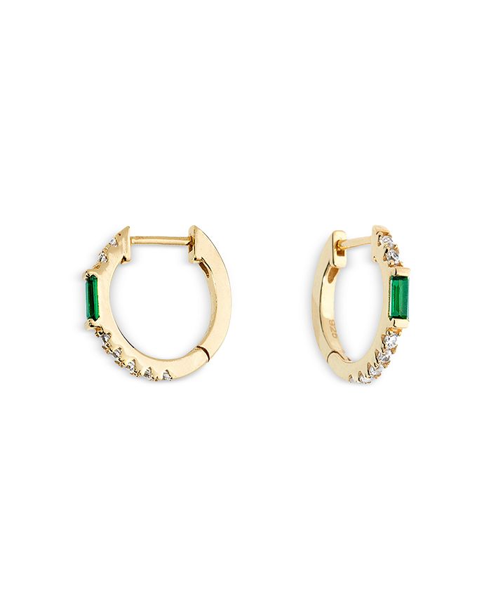 Aqua Emerald And Cubic Zirconia Huggie Hoop Earrings In Gold/green