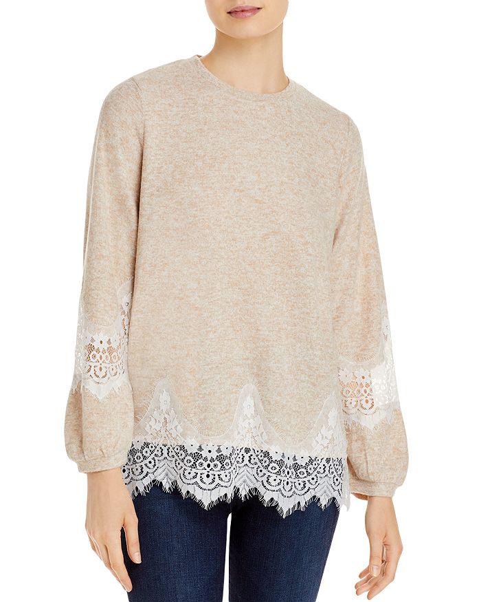 Alison Andrews Lace Trim Top In Oatmeal
