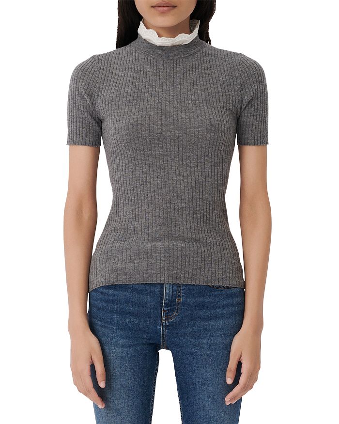 MAJE MOUTHY SHORT-SLEEVED RIB KNIT SWEATER WITH LACE COLLAR,MFPPU00356