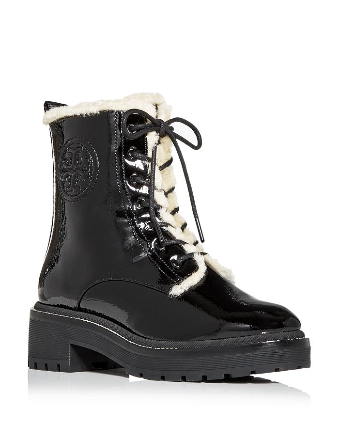 Tory Burch Miller Lug-sole Shearling-lined Patent Leather Combat Boots ...