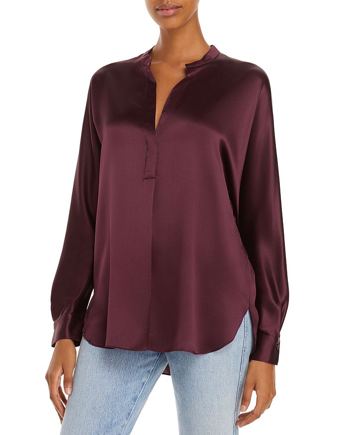 Vince Silk Banded Collar Blouse In Black Plum